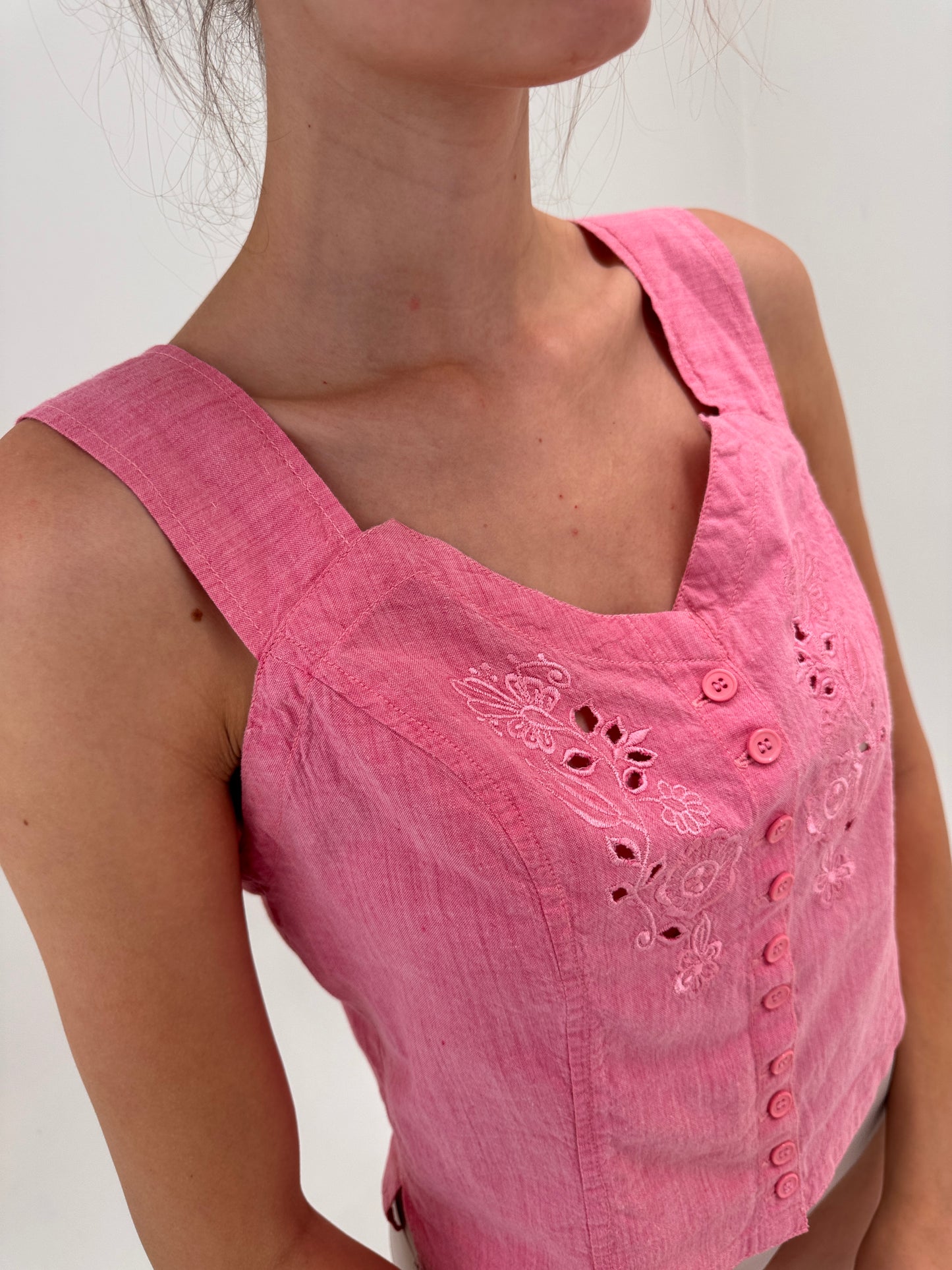 Corsaj vintage cu broderie anglaise Barbie pink din pânză premium de bumbac