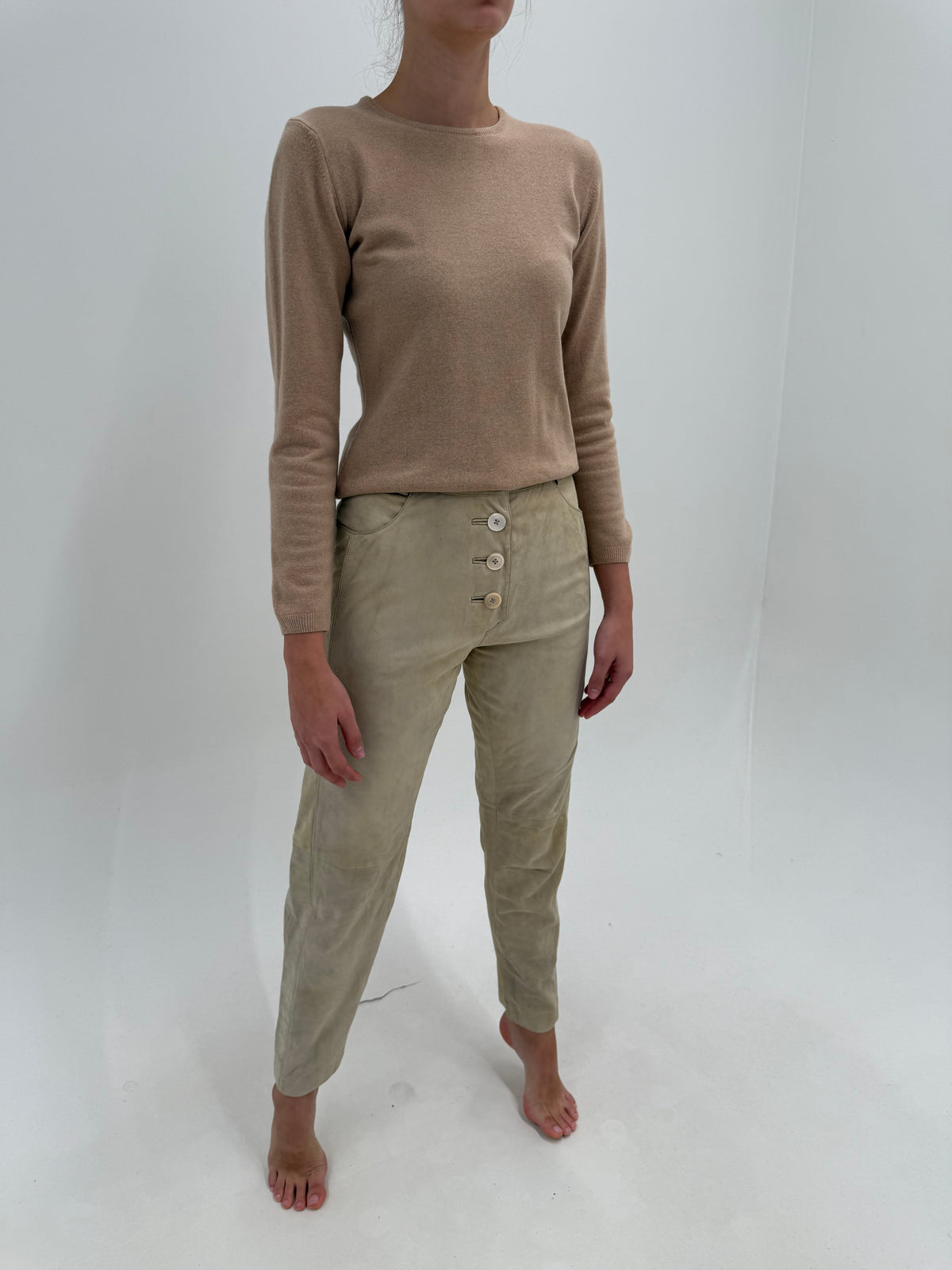 Pantaloni camel din piele naturală întoarsă extrem de moale tall și talie înaltă