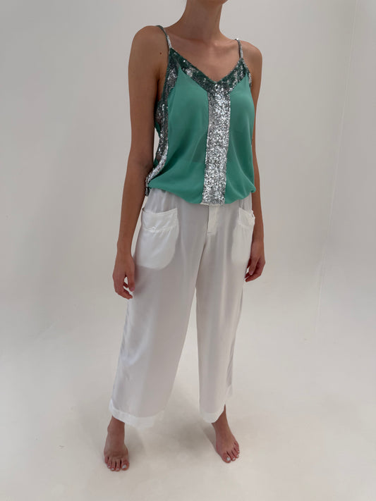 Pantaloni palazzo din twill de mătase naturală excepțional cu influențe chic casual