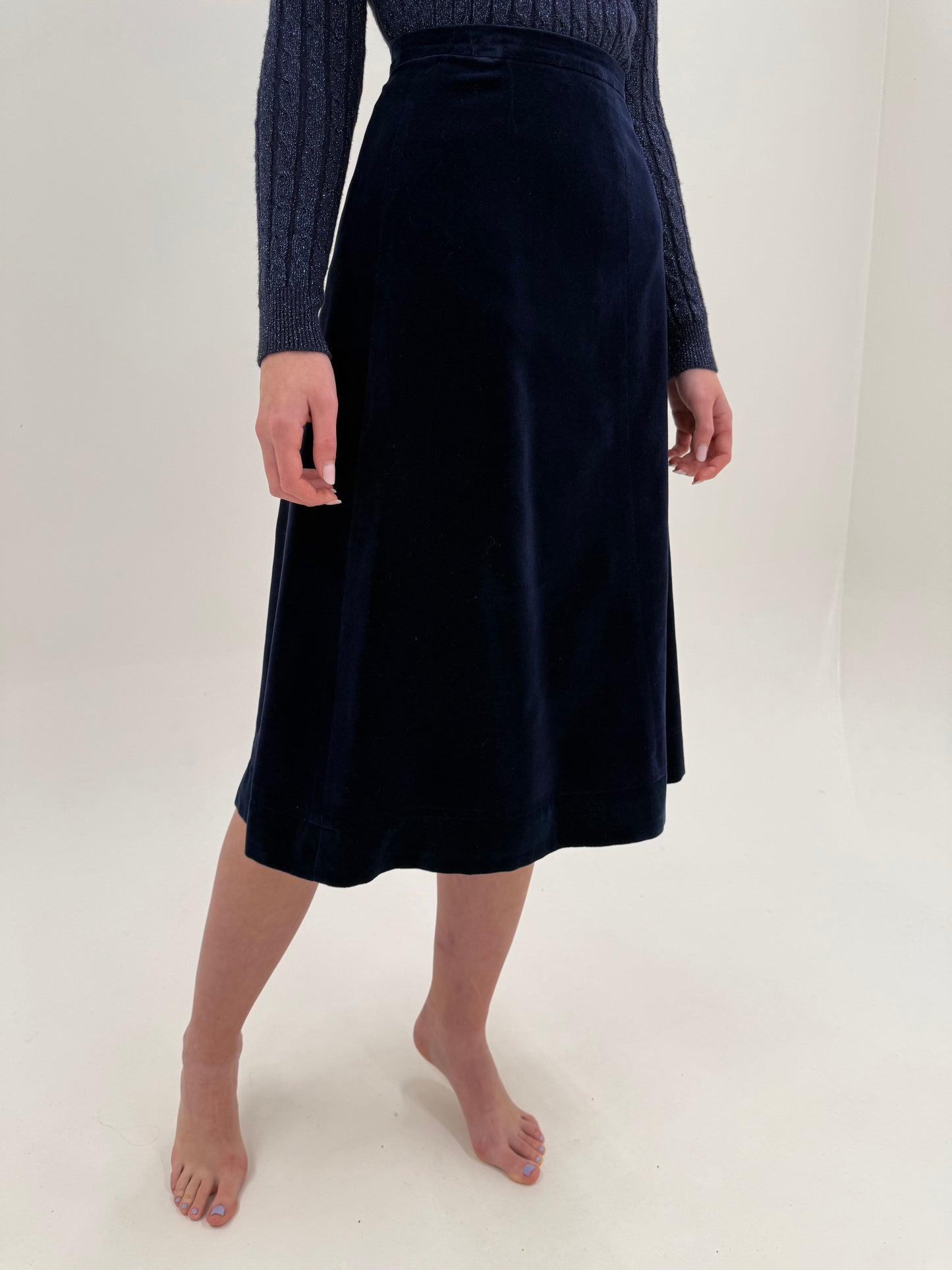 Fustă vintage de seară albastru cerneală midi lung din catifea