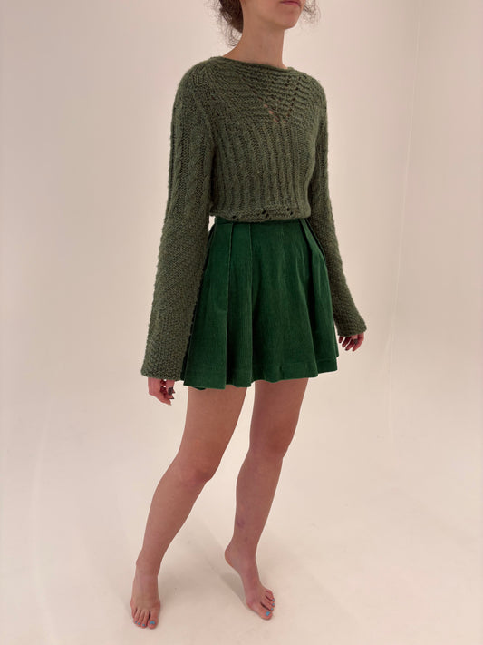 Fustă din catifea ultra amplă verde smarald cu talie ultra înaltă