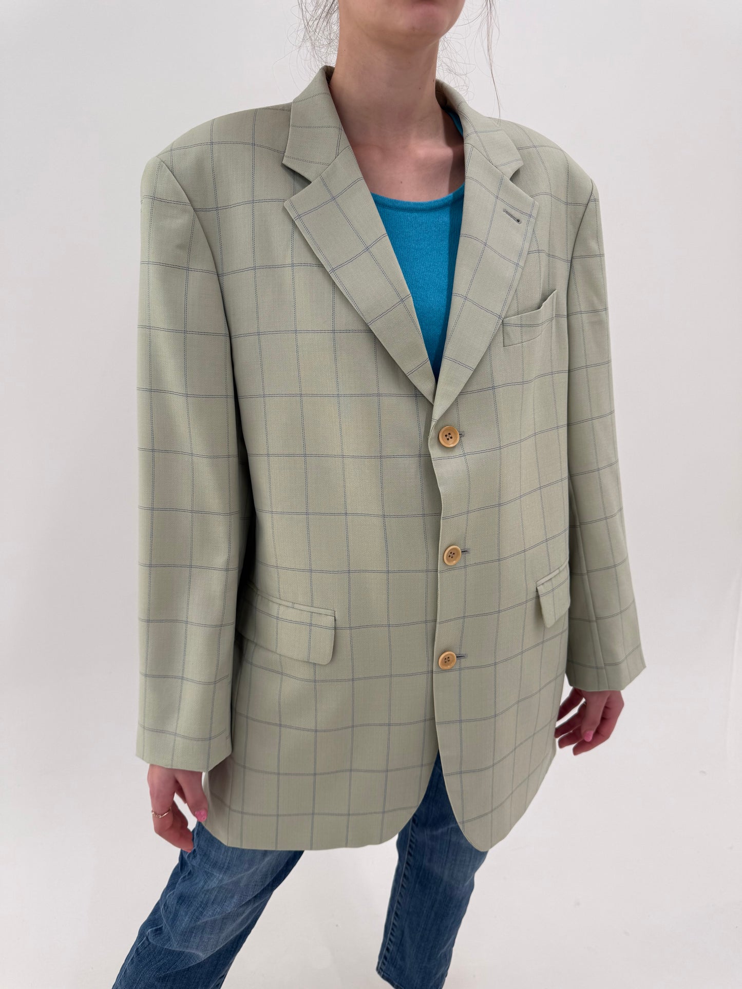 Sacou luxury Guy Laroche light green în carouri fine jeans blue