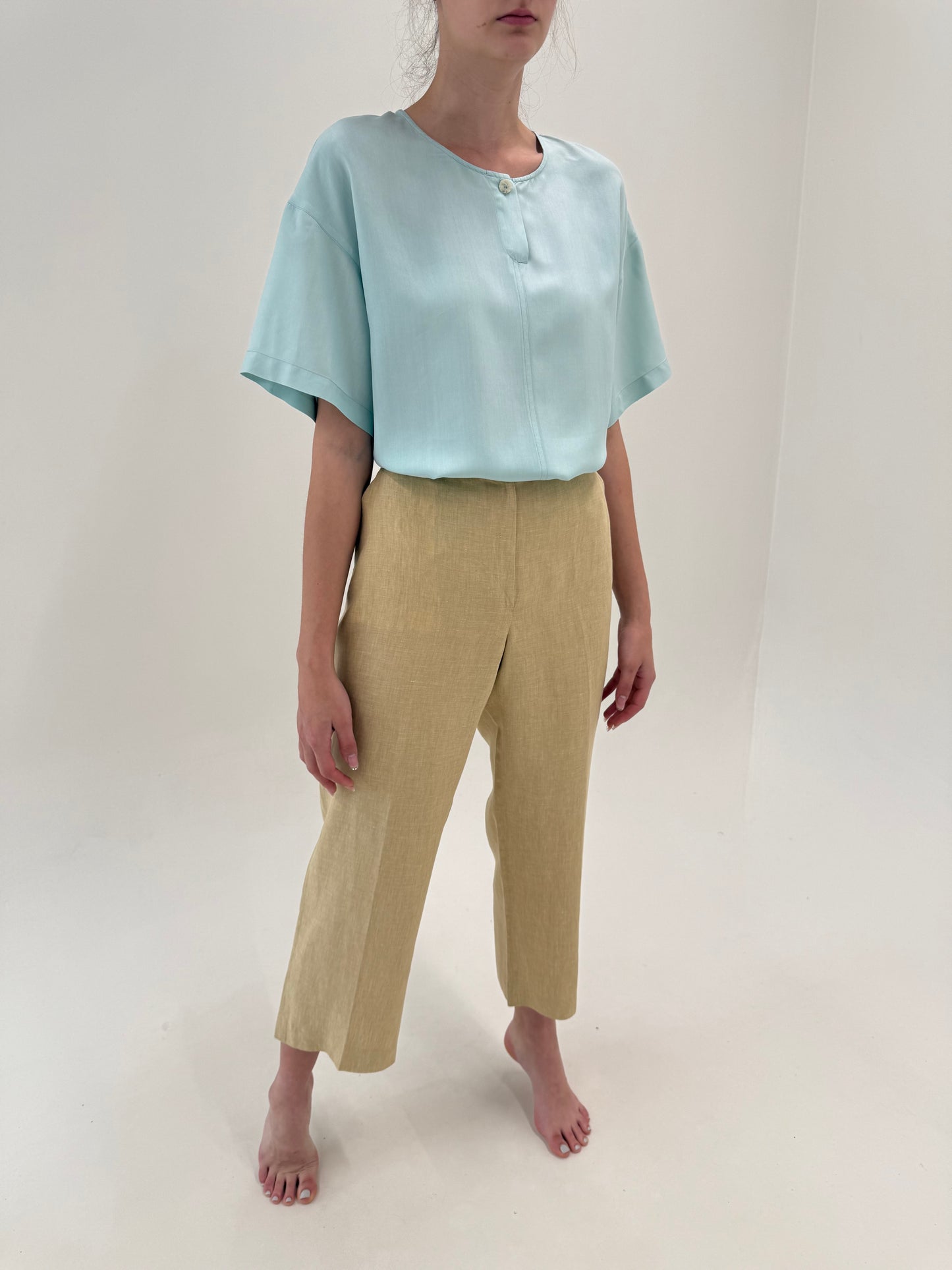 Pantaloni petite italienești camel din in premium