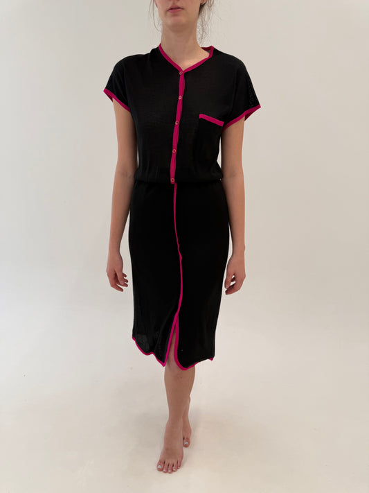 LBD vintage cu paspoal fucsia din jerse de vară cu talie elastică