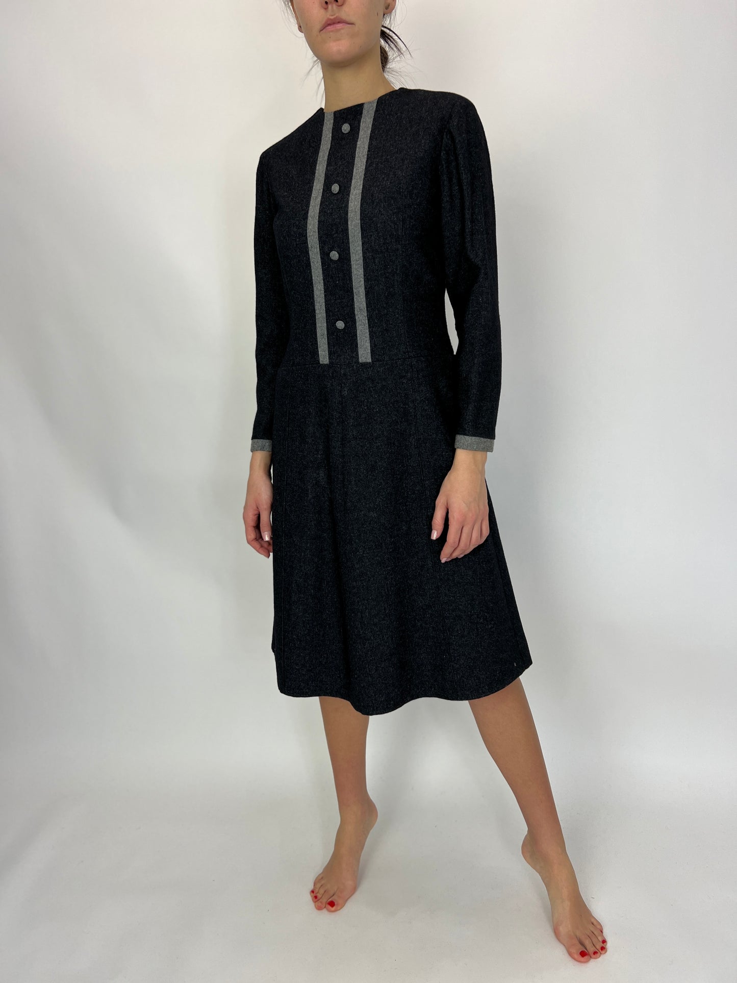Rochie vintage în tonuri de gri cu talie marcată lana fina
