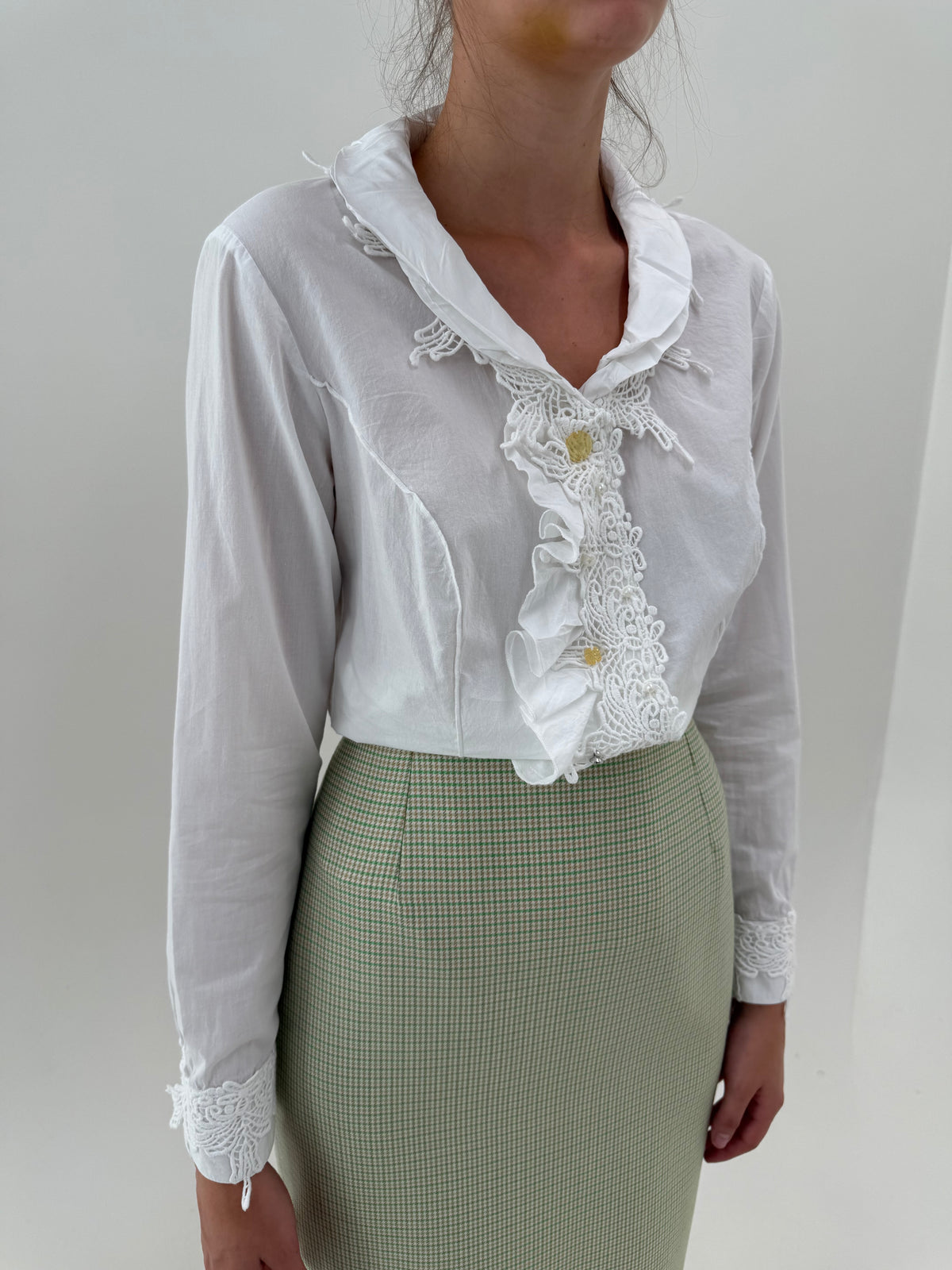Cămașa de brand luxury vintage Biba cu jabou și guler cu dantelă macrame