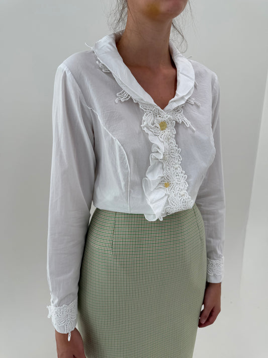 Cămașa de brand luxury vintage Biba cu jabou și guler cu dantelă macrame