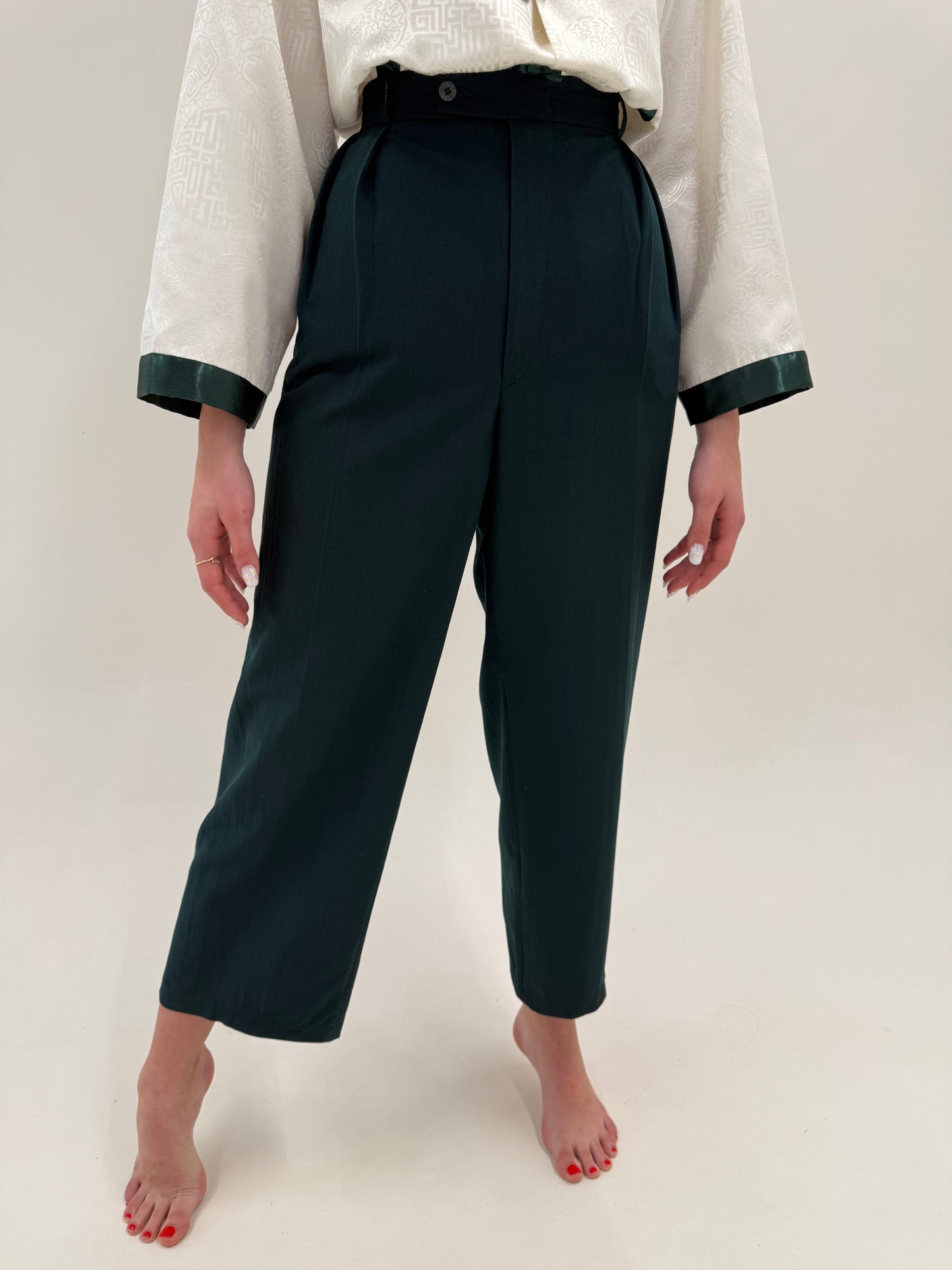 Pantaloni vintage italienești dark green din twill de bumbac cu pense