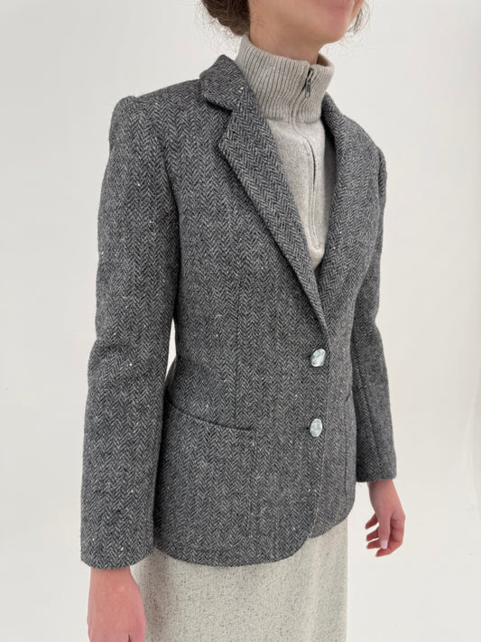 Sacou italian din tweed gros Chevron în nuanțe de gri din lana pura virgină