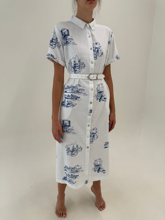 Rochie maxi din pânză cu print albastru cerneală și buzunare