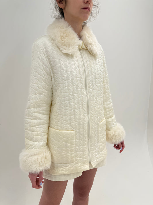 Set vintage luxury Iceberg Y2K matlasat butter white geaca + fusta mini