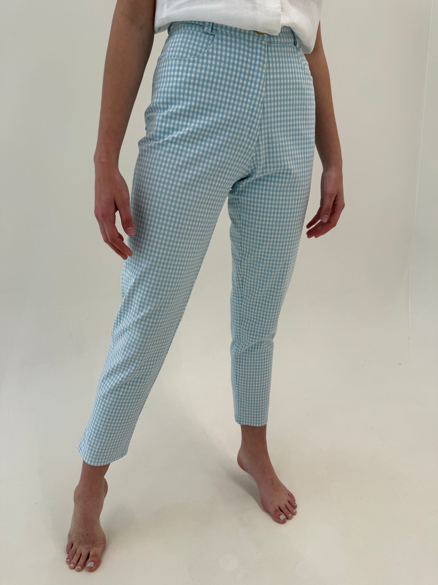 Pantaloni gingham baby blue cu alb din bumbac modelator ultra confort