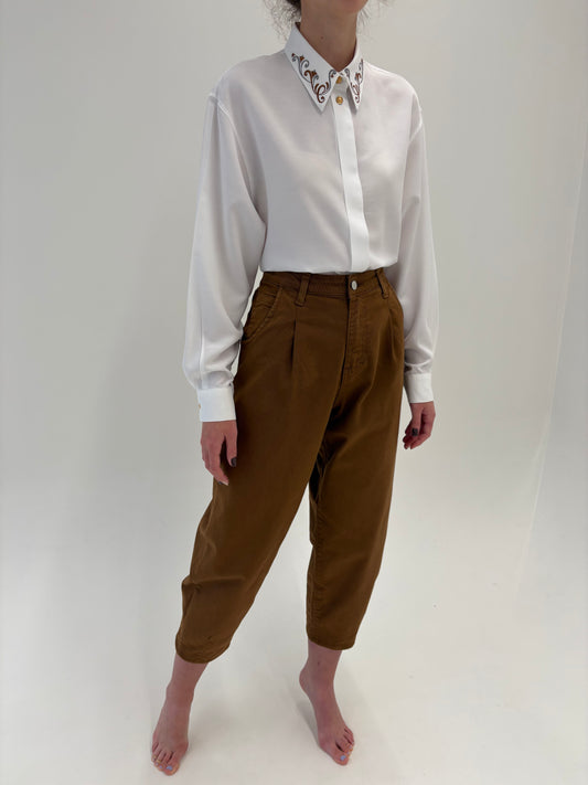 Jeans premium petite caramel brown cu talie ultra înaltă și pense