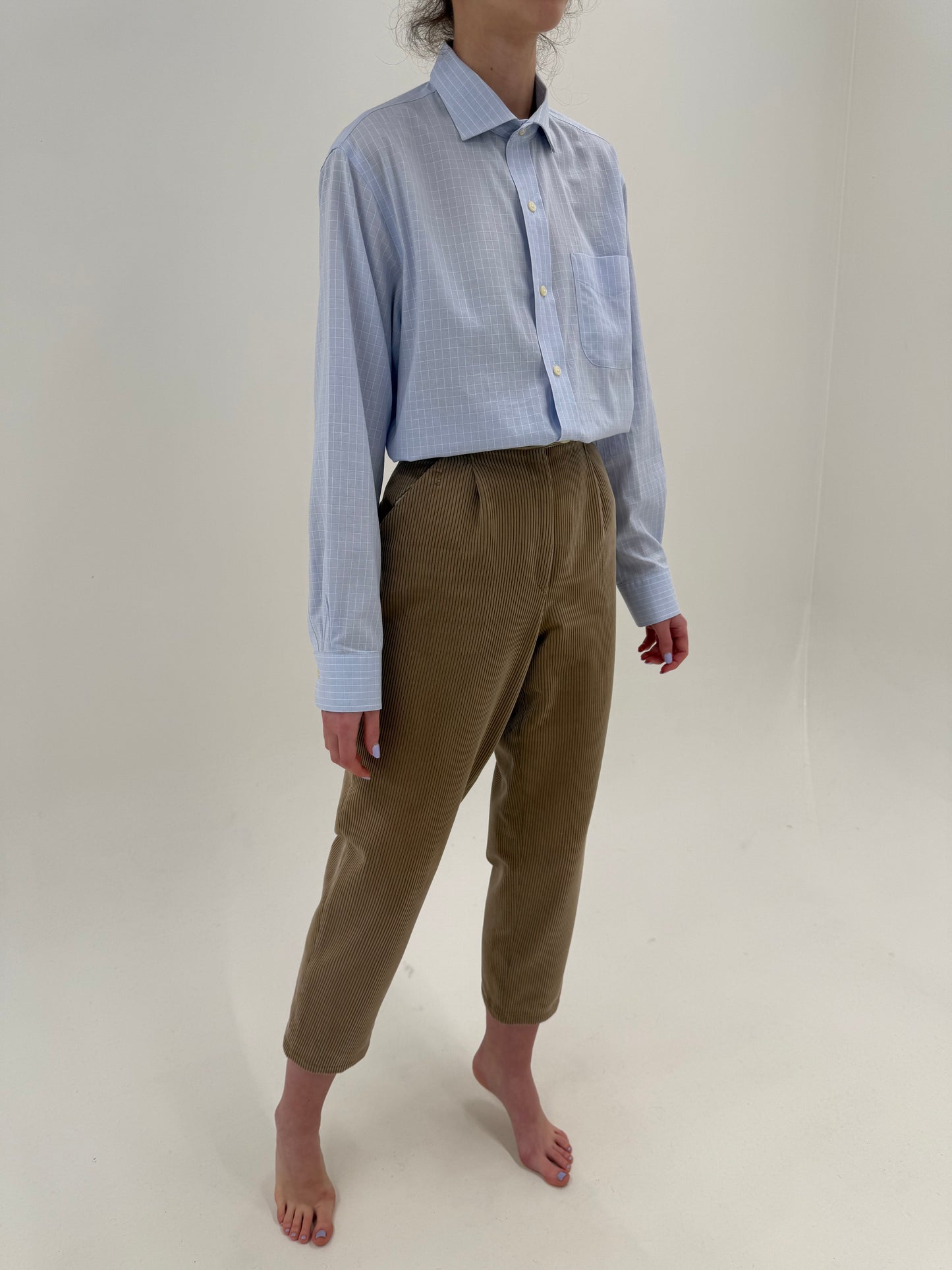 Pantaloni nude din corduroy premium cu talie ultra înaltă și pense