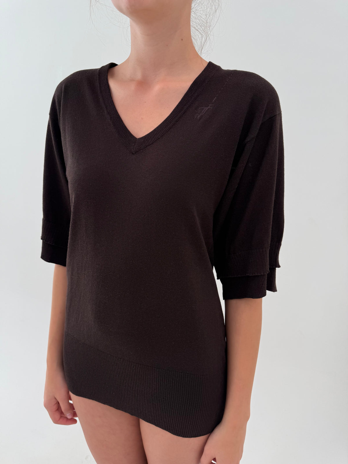 Top Trussardi chocolate brown din mătase naturală, cașmir și bumbac