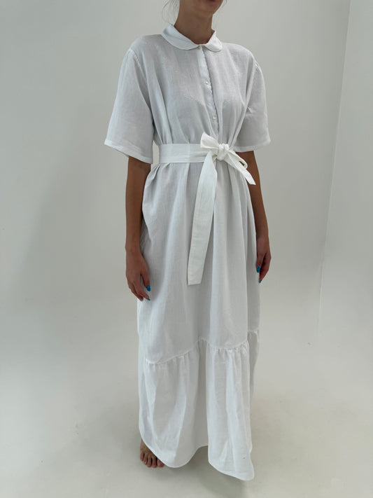 Rochie maxi din in excepțional cu broderie manuală delicată și cordon