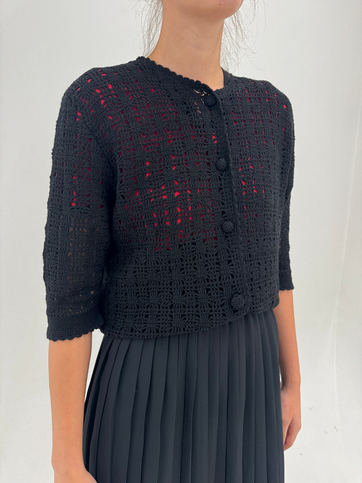 Cardigan vintage negru dantelat din lana extrafina cu mânecă 3/4