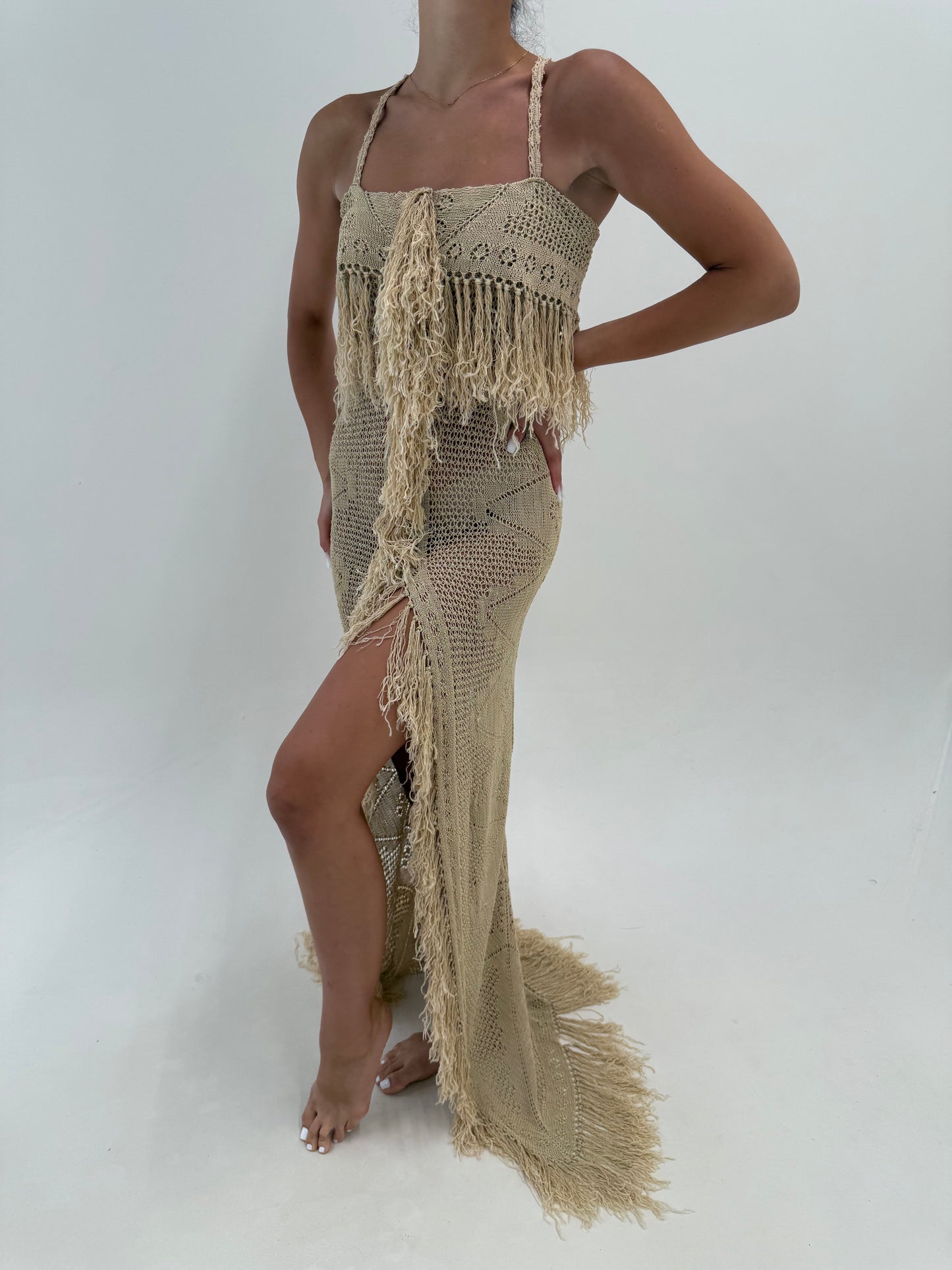 Rochie tall camel din macrame excepțional de bumbac lucrat manual