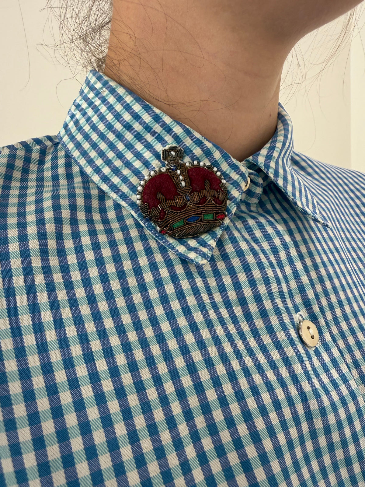 Cămașa vintage gingham din bumbac excepțional cu emblemă pe guler