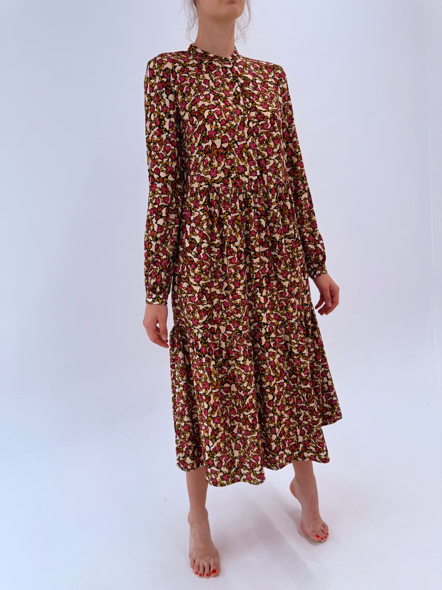 Rochie maxi camel cu print organic și talie ultra înaltă