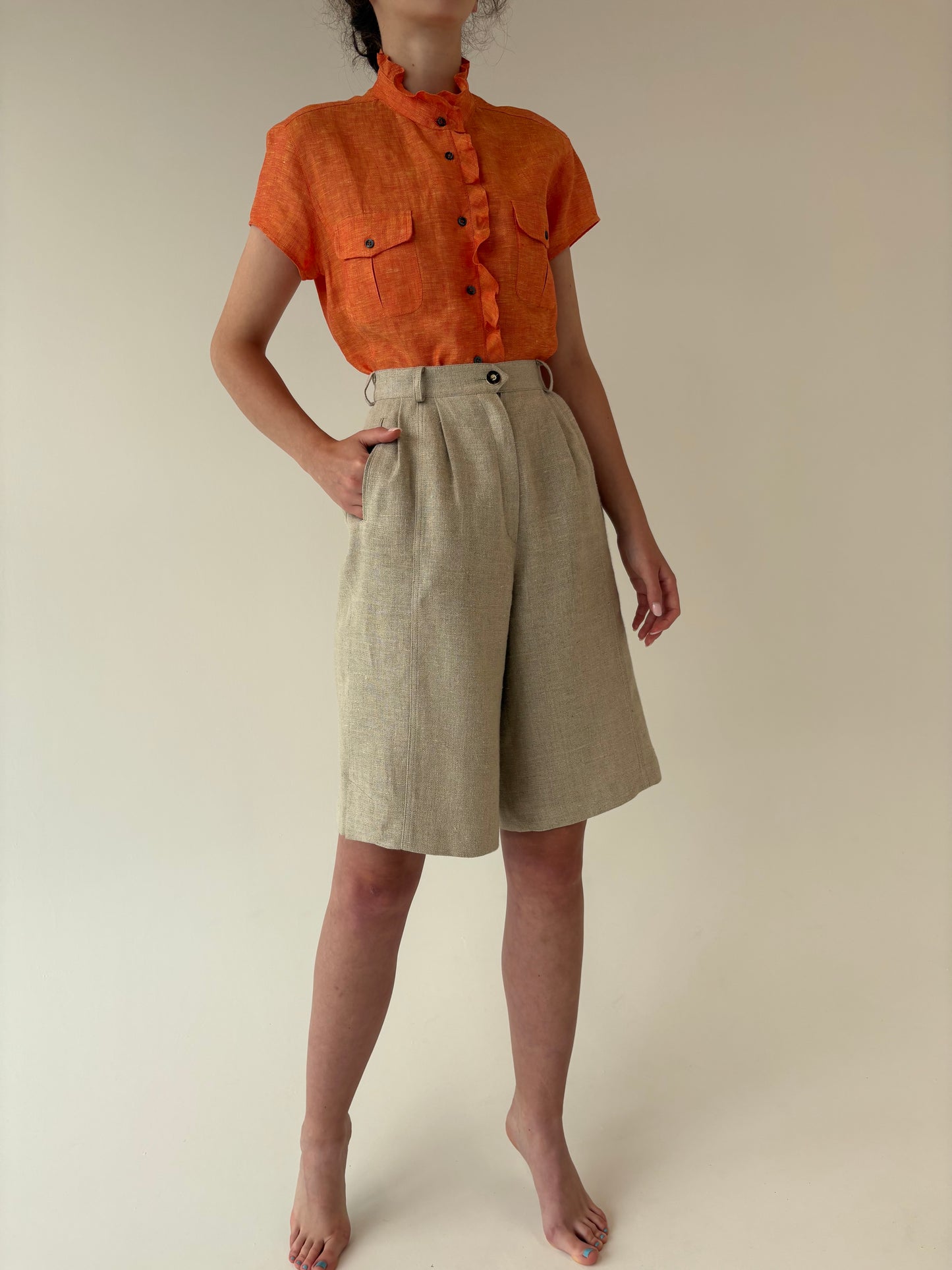 Pantaloni vintage light nude din in greu cu talie ultra înaltă