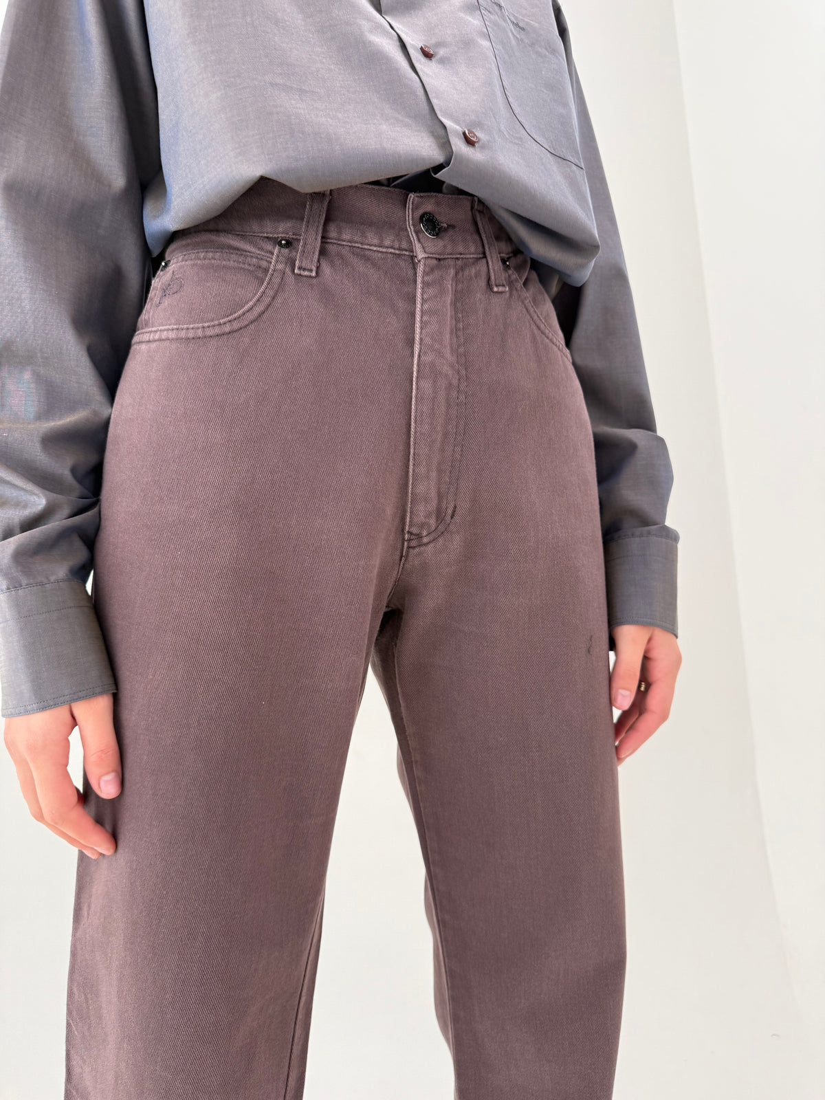 Jeans vintage Rocco Barocco taupe din bumbac gros cu talie ultra înaltă și solduri generoase