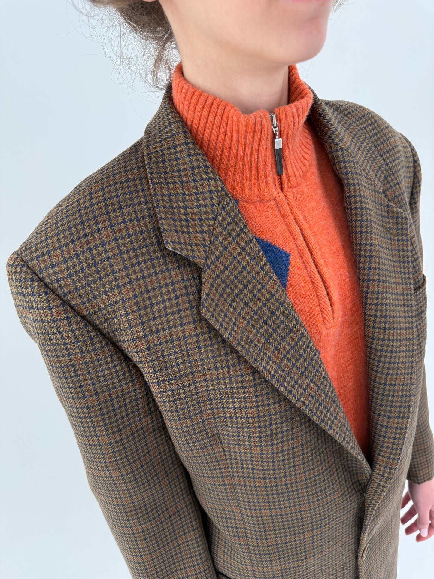 Sacou petite italian din tweed de lana excepțională kaki în carouri fine oranj