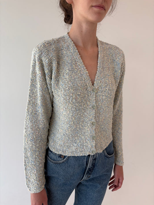 Cardigan vintage din jerse texturat baby Blue și camel din bumbac greu