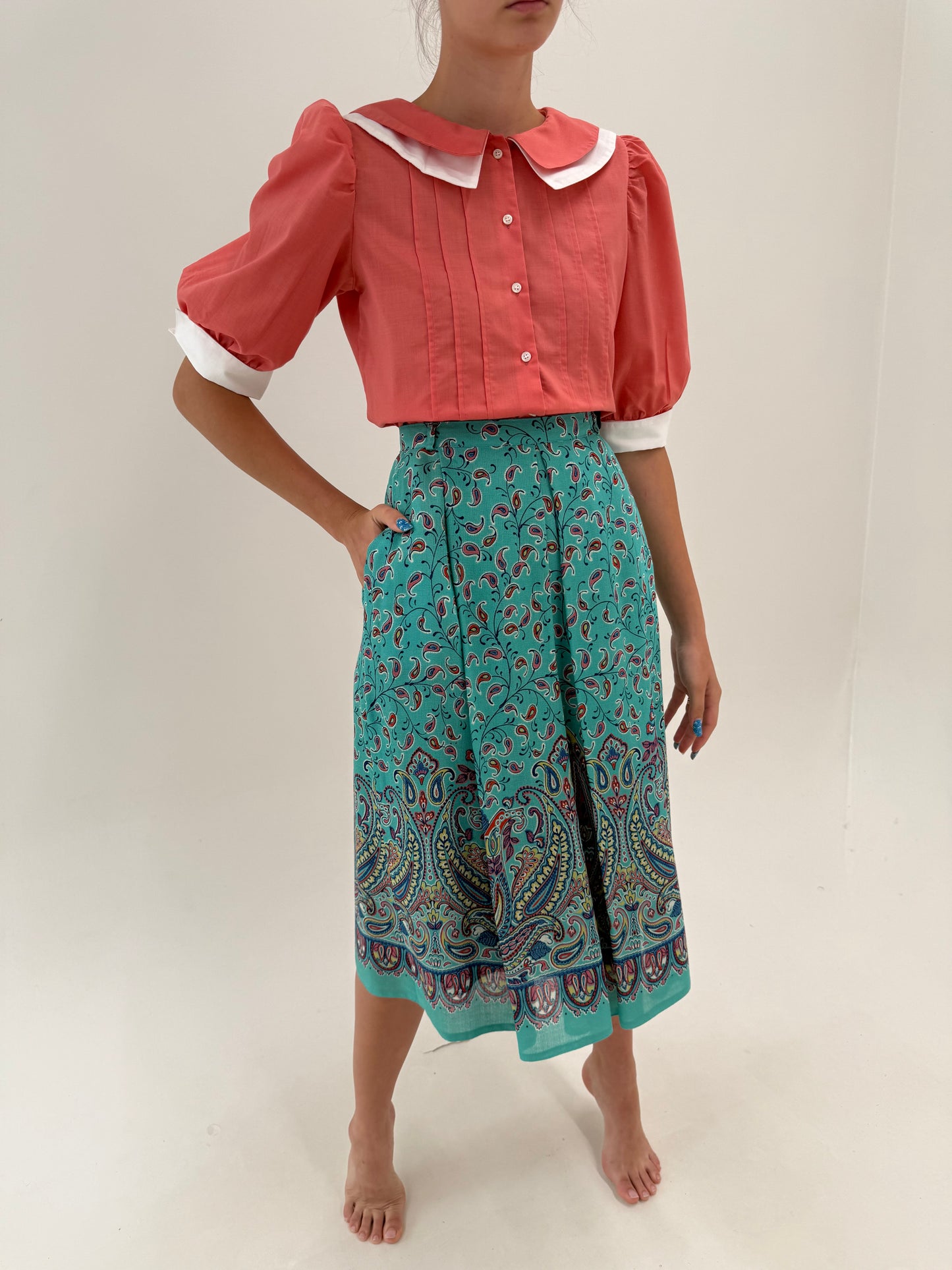 Fustă vintage superbă aqua blue din panzica fină cu print organic midi