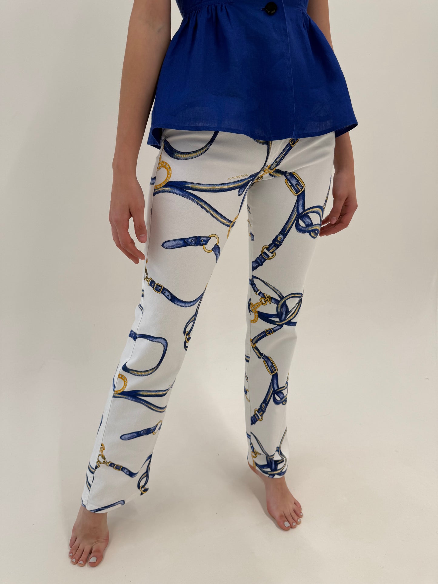 Pantaloni vintage luxury Rocco Barocco statement de vară cu print baroc