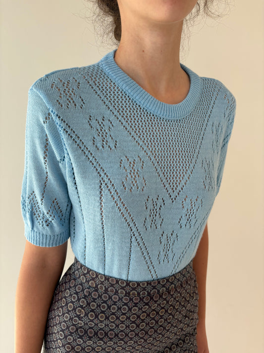 Top vintage dantelat baby blue din mix de lana extrafina