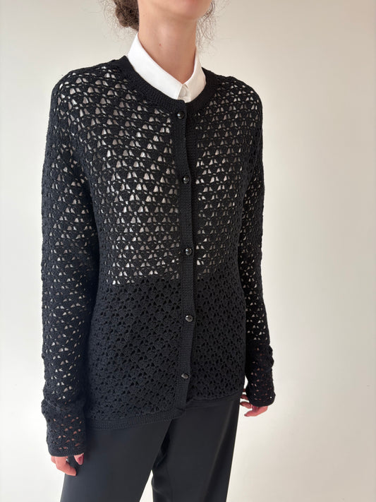 Cardigan negru dantelat lucrat manual din lana extrafina