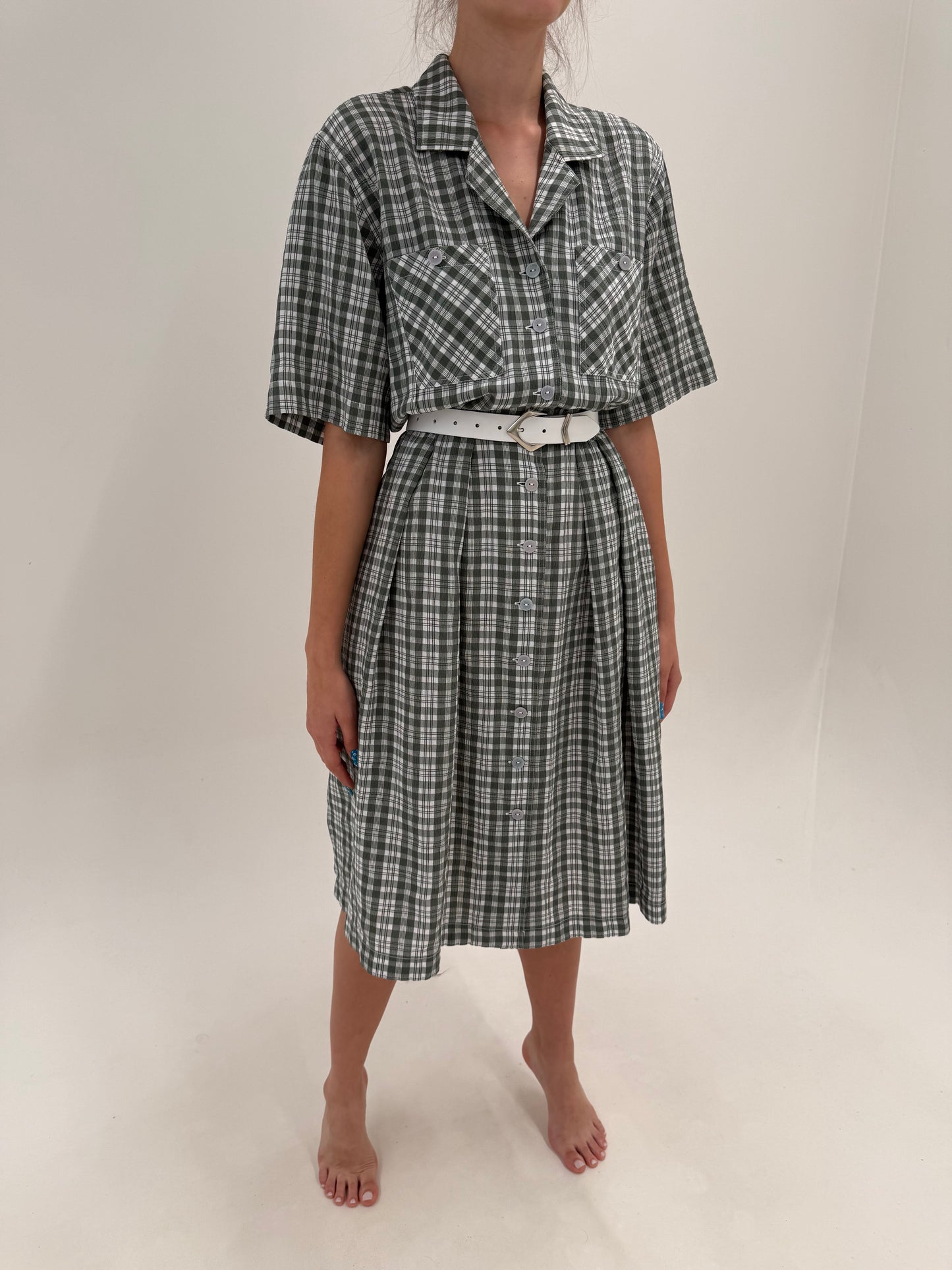 Rochie vintage din pânză cu buzunare și talie marcată Sage green și alb