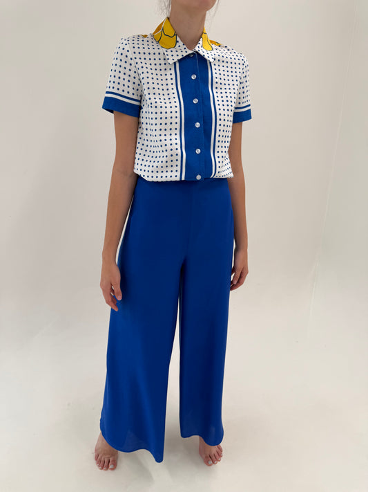 Pantaloni palazzo vaporoși albastru regal tall cu talie ultra înaltă elastică