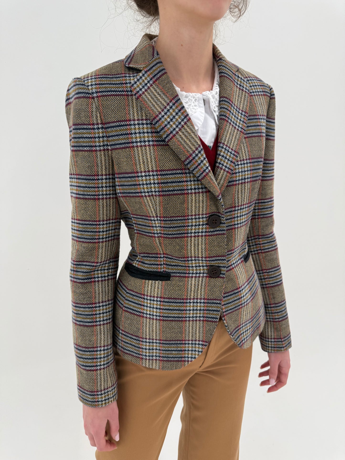 Sacou cambrat kaki din tweed cu inserții burgundy, baby blue și Navy