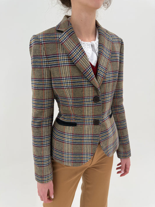 Sacou cambrat kaki din tweed cu inserții burgundy, baby blue și Navy