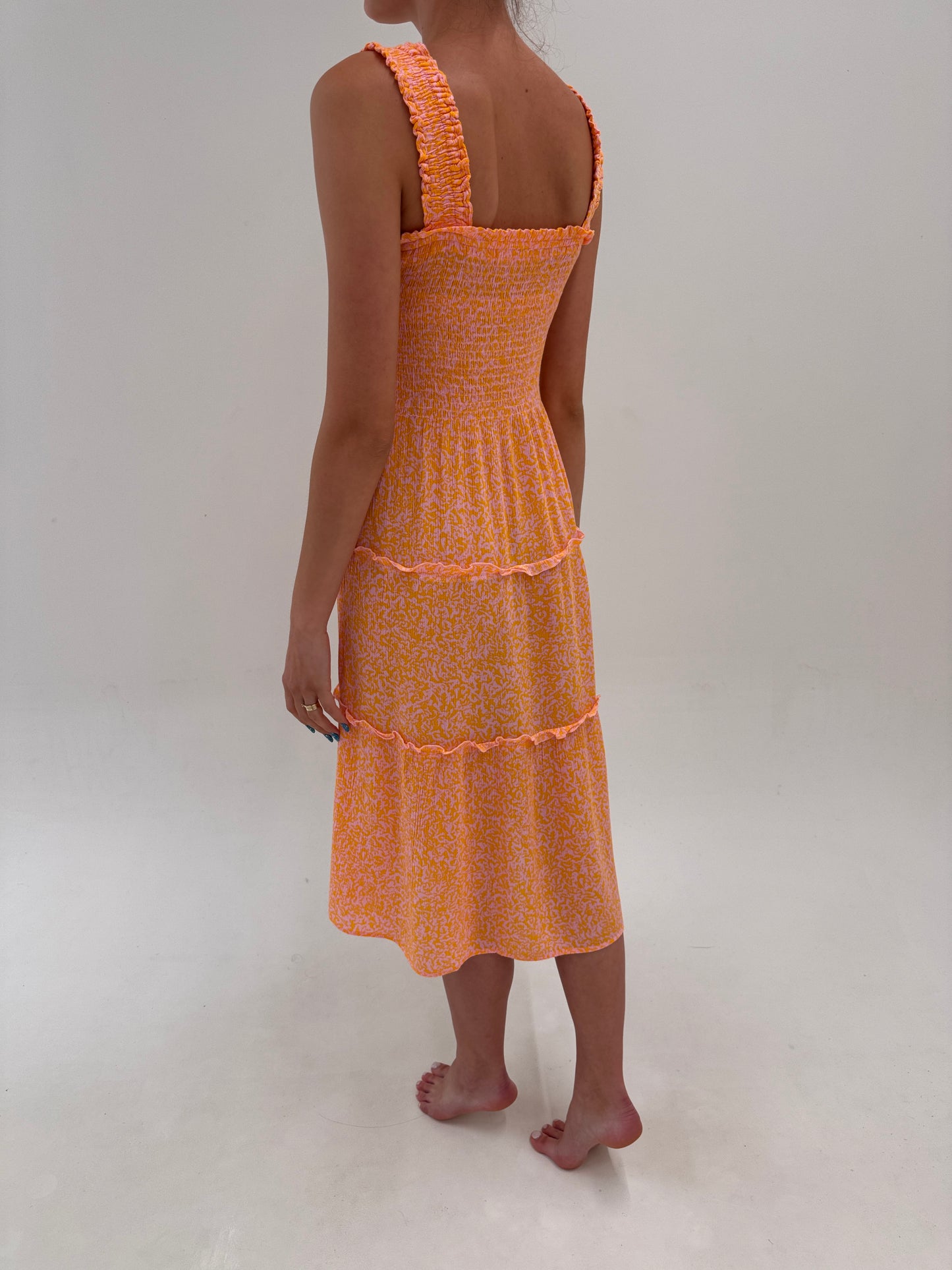 Rochie midi lung cu bustier smock în stil corsaj ultra confort roz cu oranj