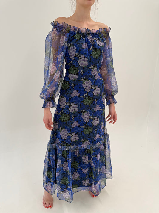 Rochie vintage maxi din organza cu print floral sorb și talie ultra înaltă