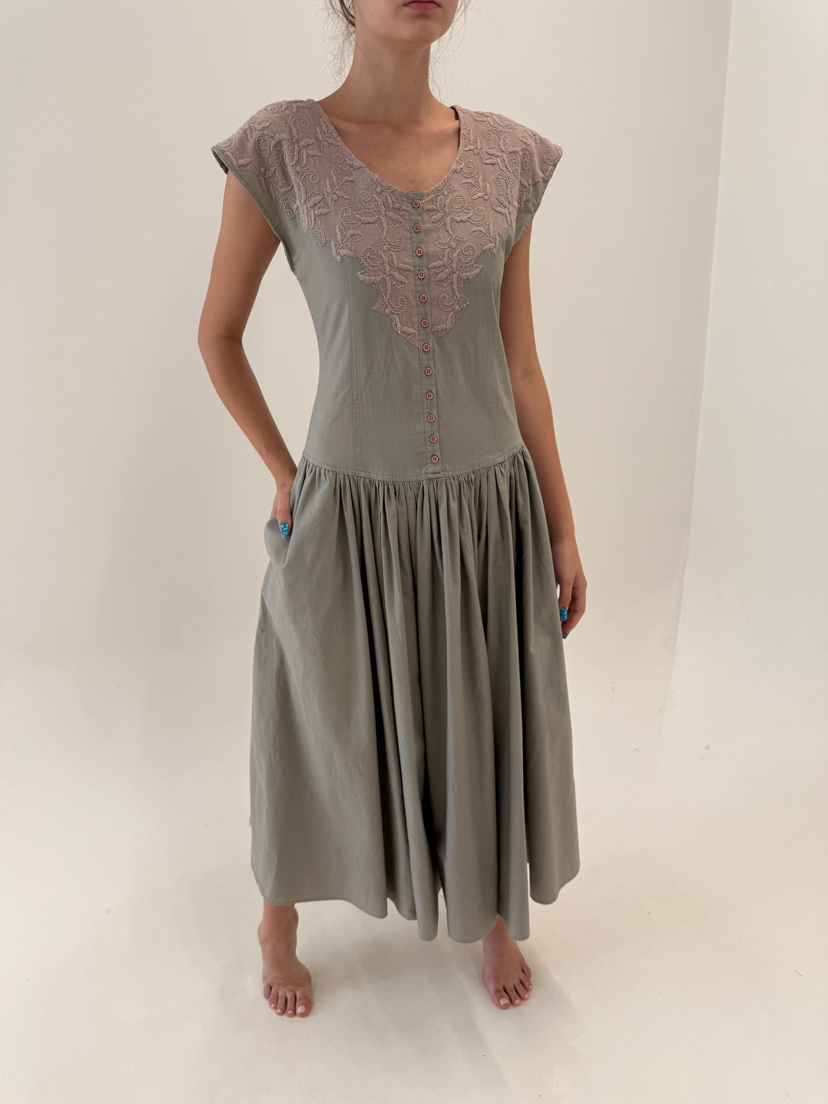 Rochie maxi Sage green new old stock nouă cu etichetă din canvas de bumbac