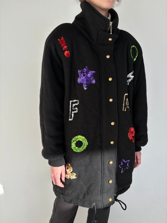 Jacheta vintage neagră groasă și lungă cu aplicații manuale din lana extrafina