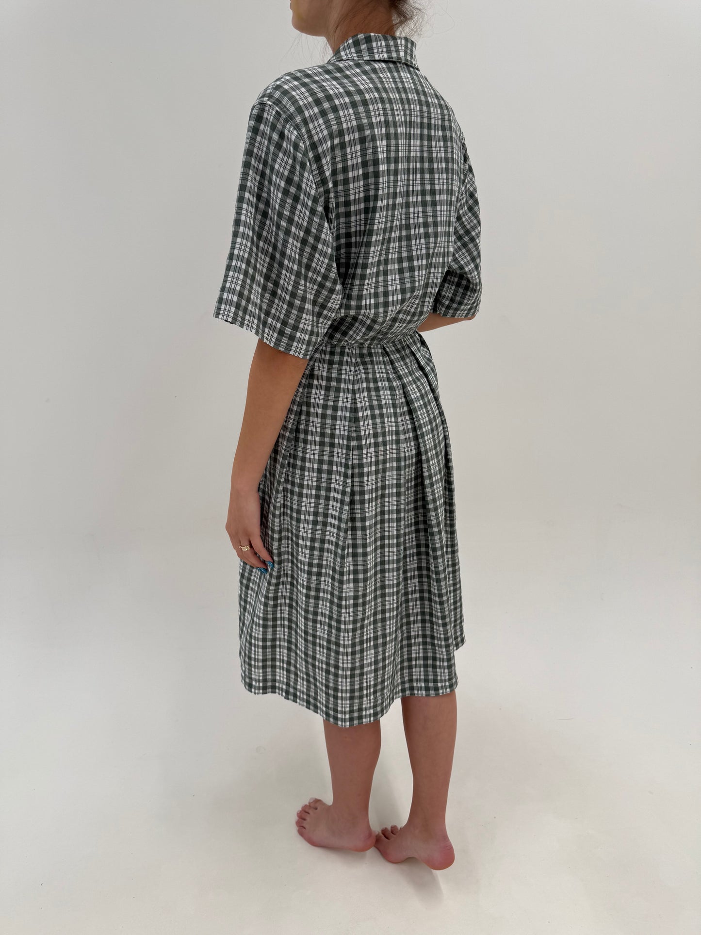 Rochie vintage din pânză cu buzunare și talie marcată Sage green și alb