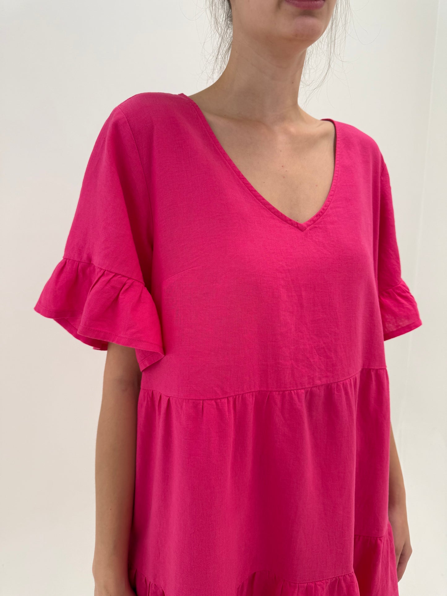 Rochie din in premium fucsia în croi lejer ultra confort