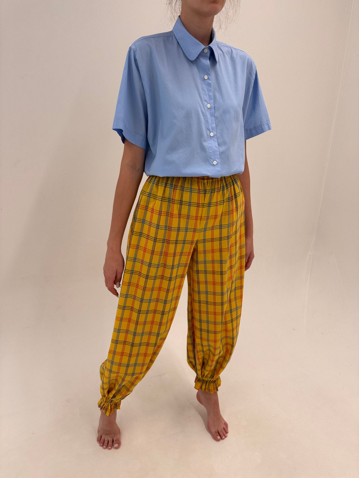 Pantaloni vintage tall din pânză în croi super actual baloon cu talie ultra înaltă elastică