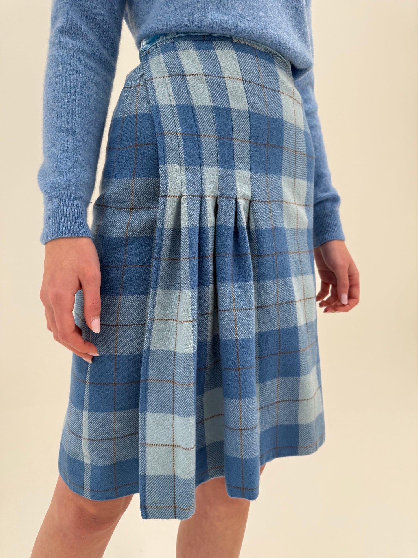 Fustă vintage plisată de brand luxury Les Copains din Tartan de lana extrafin