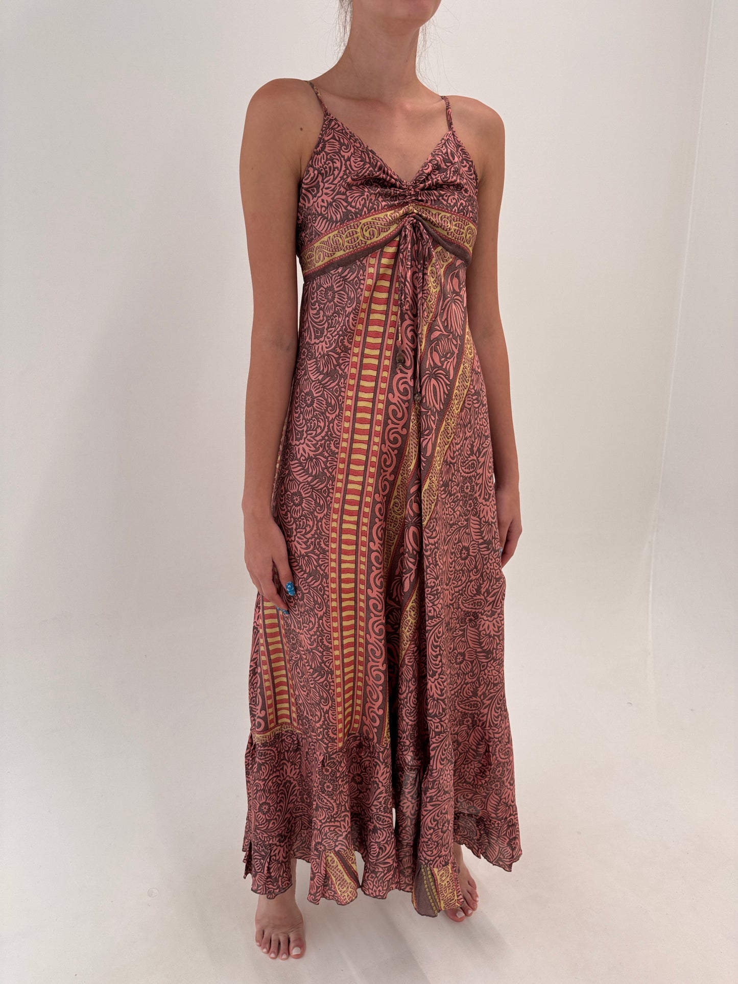 Rochie maxi din mătase naturală in stil boho cu bust elastic la spate