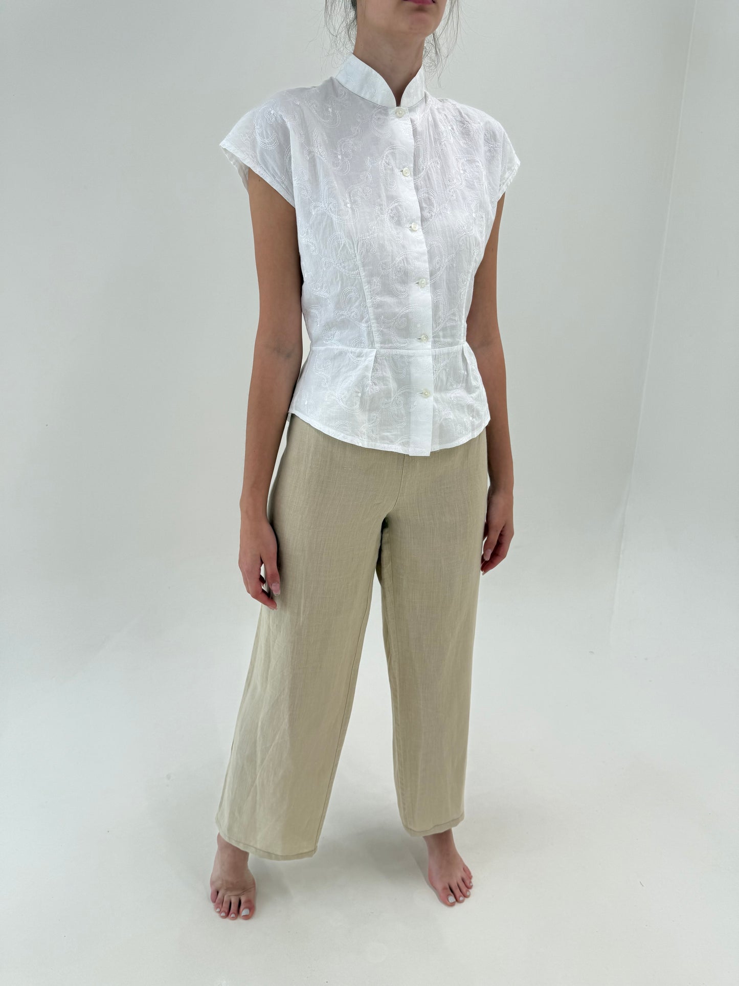 Pantaloni camel din in premium cu talie ultra înaltă