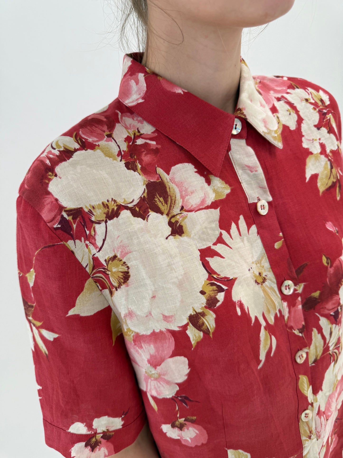 Cămașa de brand super premium cu print florid superb whine red din in excepțional