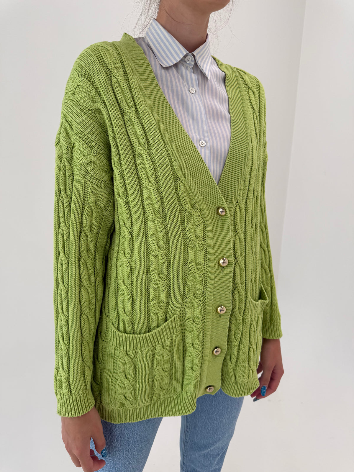 Cardigan italian verde crud cu torsade din bumbac de gramaj mare in croi lejer