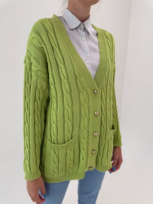 Cardigan italian verde crud cu torsade din bumbac de gramaj mare in croi lejer