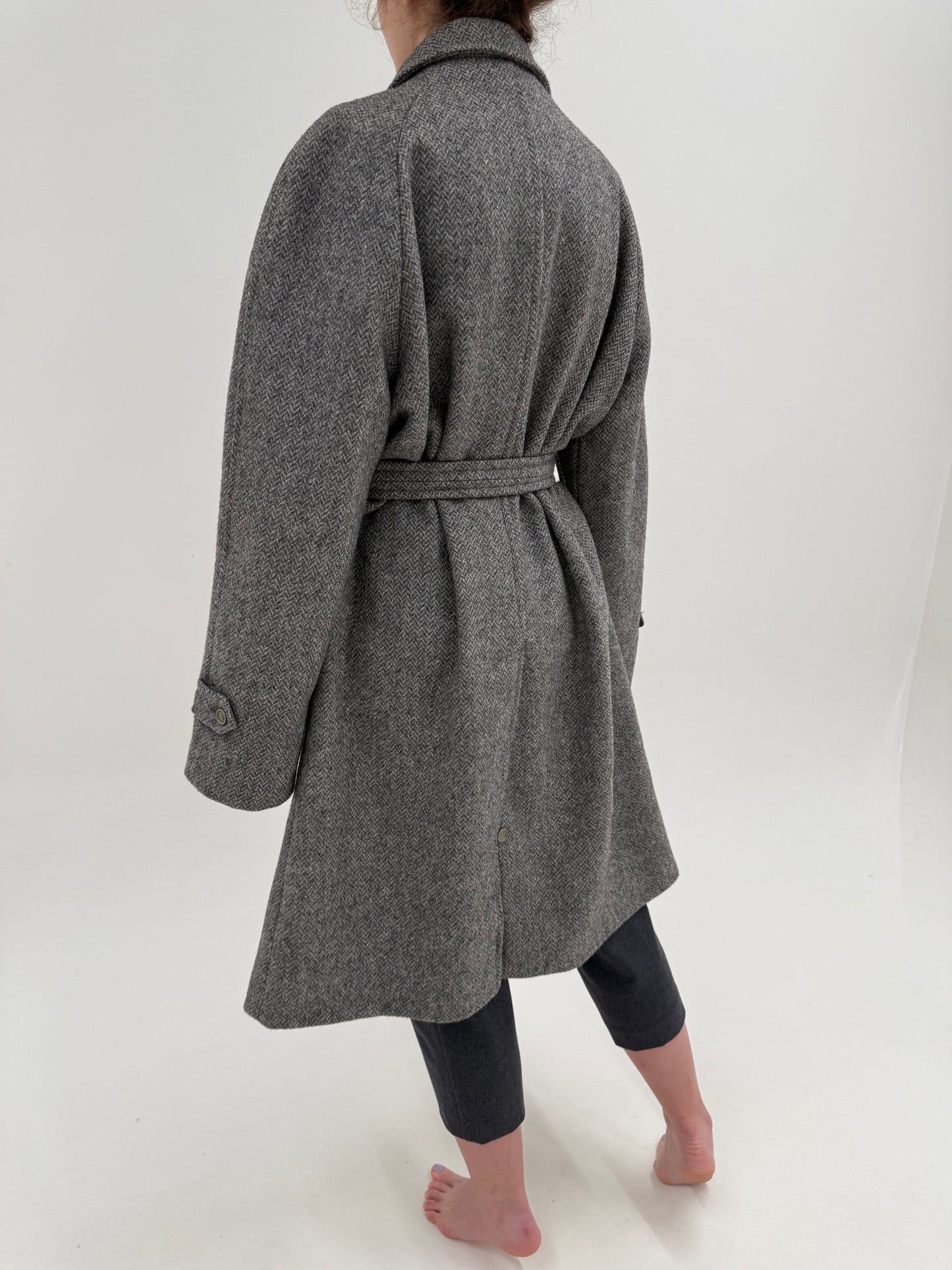 Palton italian din tweed gros de lana în nuanțe de gri cu cordon